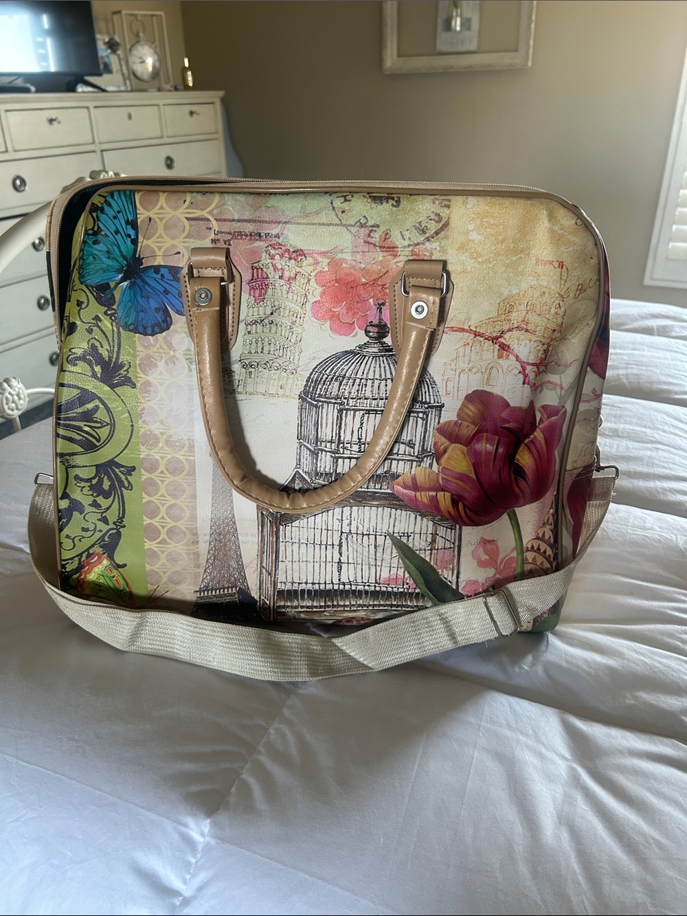 Floral Butterfly Birdcage Print Satchel Bag - Cream, Tan, Blue, Pink